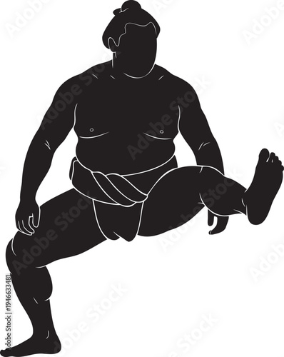 Powerful silhouette of a Japanese sumo wrestler performing a traditional leg raise, showcasing strength and disciplined martial arts training
