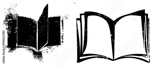Two stylized open books, one with gritty halftone texture, one clean, symbolic of reading or knowledge, vector illustration.