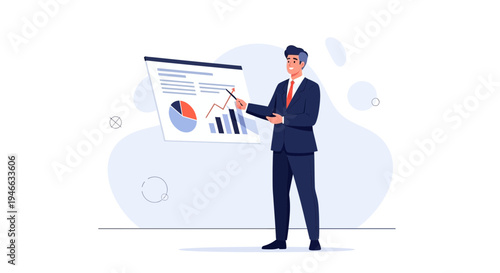 Businessman presenting financial report with charts on a screen, business analytics concept