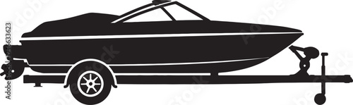 Black and white silhouette of speedboat on trailer also transparent background