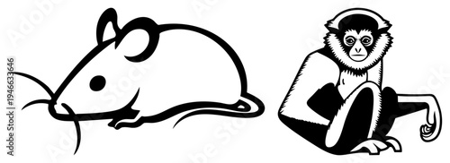 Cartoon mouse and monkey with thick, minimalist design, animal mascots, graphic, flat vector art.