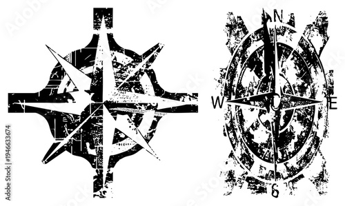 Weathered compass rose directional symbols, nautical navigation tools, antique map markers, maritime orientation, distressed directional signs.