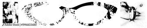 Graphic vector eyeglasses with fragmented halftone texture, stylized optical frame, isolated silhouette, design, glitch art effect.