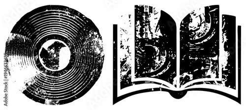 Retro vinyl disc with concentric grooves and open book with aged pages, both in gritty halftone style, ideal for music or literature themes.