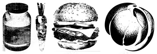 Vector halftone graphic of food items glass jar, carrot, burger, grapefruit. Stylized black and white dot. Isolated food for design use.