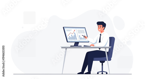 Businessman Analyzing Financial Data on Computer Screen with Growth Charts