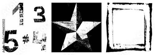 Distressed typography featuring numbers 1, 3, 5, #, 4 with rough textures, alongside a star symbol and square frame, all in high contrast. Ideal for retro or urban design.