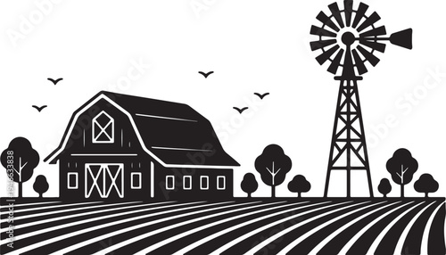 Black silhouette of a rural farm scene with barn windmill and plowed field also transparent background