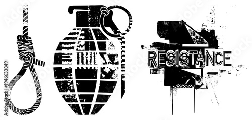 Stylized protest including noose, grenade, and "RESISTANCE" text, gritty stencil art, anti establishment symbols, street graffiti style, vector design.