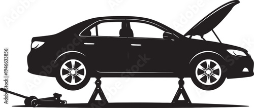 Black silhouette of sedan car jacked up for repair with hood open also transparent background black car