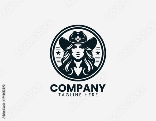 Confident cowgirl portrait wearing wide brim hat in bold modern black vector logo illustration style