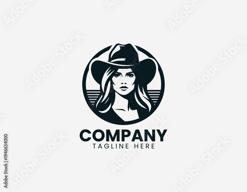 Confident cowgirl portrait wearing wide brim hat in bold modern black vector logo illustration style