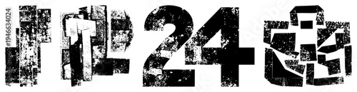 Black and white stylized letterforms with fragmented, worn textures, graphic design elements, bold sans serif typeface, distressed typography, abstract lettering.