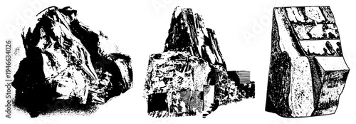 Jagged geological formations with layered striations, cliff faces, and eroded textures, rendered in halftone style, ideal for outdoor or geological studies.