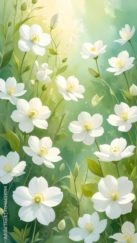 Delicate white flowers bloom in a sunlit meadow, green background