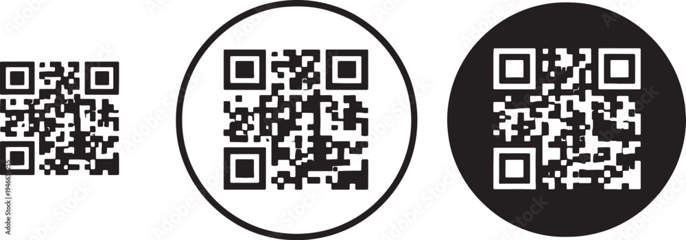 Fototapeta premium Three different black and white q r codes in various shapes also transparent background qr code square