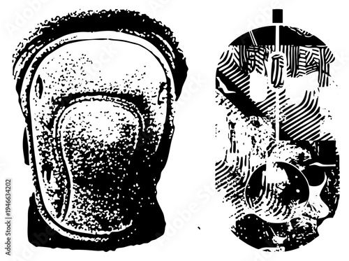 Two abstract human head forms rendered in high contrast halftone, graphic art, illustration, stylized portraits, textured, visual distortion.