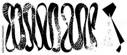 Graphic design featuring bold, wavy letterforms with speckled texture, accompanied by a minimalist, vector art, isolated elements.