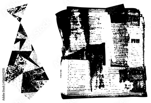 Fragmented polygonal forms with halftone and stipple textures, abstract graphic elements, artistic vector composition, design, modern art.