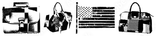 Retro satchel, structured handbag, halftone flag motif, fashion accessories, grunge texture, urban style, graphic art.