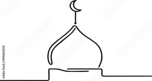 A minimalist line drawing of a mosque dome with a crescent moon
