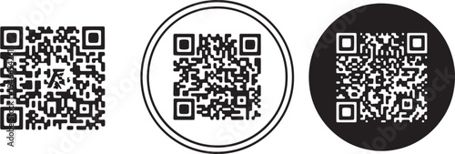 Three different styles of black and white q r codes in rectangular and circular shapes also transparent background