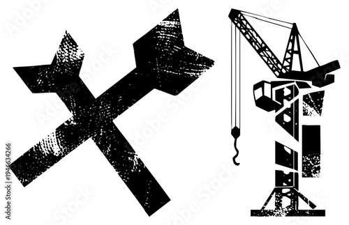 Black stencil style axes and crane graphic, industrial symbols, construction equipment, grit texture, labor tools, heavy machinery.