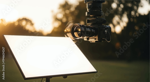 Professional camera setup capturing the serene beauty of nature at sunset