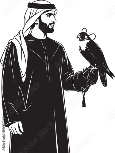 Elegant illustration of a proud Arab man in traditional attire, presenting his magnificent falcon, a timeless symbol of heritage and the art of falconry
