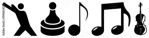 Black vector of dancer, chess pawn, musical notes, and violin, minimalist flat design, music and gaming symbols, isolated graphic elements.