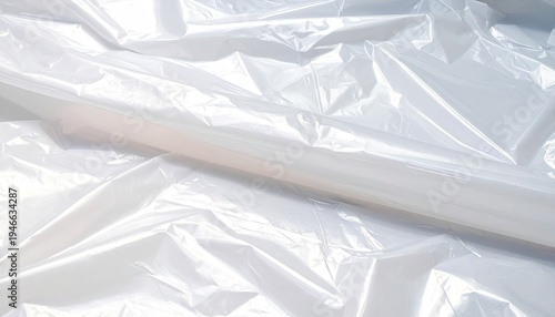 Close-up of crumpled, translucent white plastic sheeting