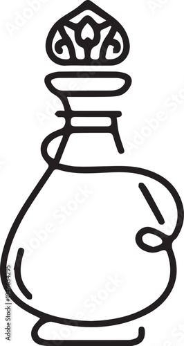Black line art of a decorative bottle with a crowned stopper