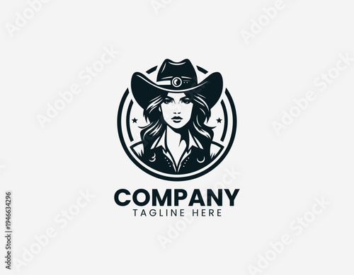 Confident cowgirl portrait wearing wide brim hat in bold modern black vector logo illustration style