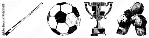 Sports themed vector graphics featuring bow, soccer ball, trophy, and caps ideal for athletic branding, tournaments, or team designs.