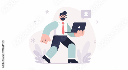 A stylized person walks holding a laptop with a message bubble above