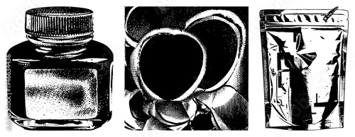 Classic inkwell with cap, ceramic coffee mug viewed from top, sealed coffee bag with zipper all rendered in halftone dot. Vintage stationery and beverage items.