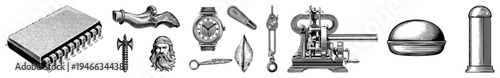 Collection of antique tools, symbols, and devices rendered in black and white vector style including clock,, watch, pulley, typewriter, and helmet ideal for retro design projects.