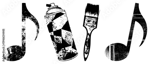 Spray paint can, paintbrush, and musical notes styled as urban art, street culture symbols, stencil graffiti, urban creativity, vinyl art, stencil design.