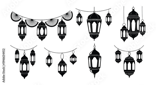 A collection of intricately designed black and white hanging lanterns