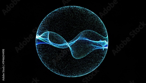 Glowing blue particles form a sphere with a sinuous wave inside, black BG