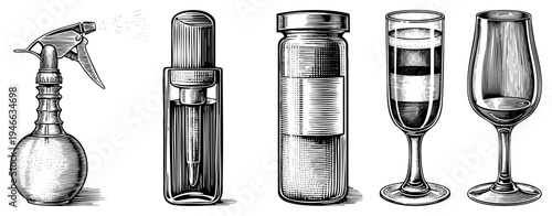 Classic spray bottle, dropper bottle, glass vial, champagne flute, wine glass rendered in halftone vector style with shading and isolated foreground elements.