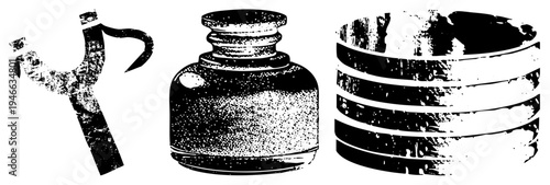 Classic writing tools including inkwell, quill pen, and ink bottle, halftone style, retro stationery, antique calligraphy.