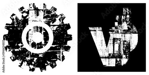 Mechanical gear with halftone texture, stylized letter V, vector graphic, industrial design, mechanical symbol, technical illustration, graphic.