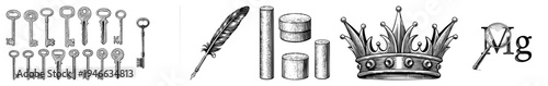 Collection of antique keys, feather quill, crown, and magnified magnesium symbol, vector illustrations with engraved textures.