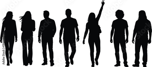 Diverse young people silhouettes walking together, casual lifestyle community concept, youth friendship and teamwork isolated on white background
