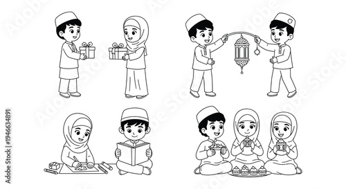 Children celebrating with gifts lanterns and food during a festive occasion