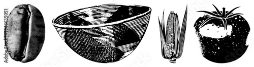 Classic halftone vector art of food items roasted coffee bean, woven bowl, corn cob, and tomato in soil rustic, textured,.