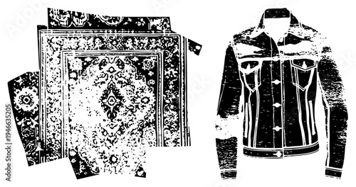 Black and white vector cutouts of rug with motifs and distressed denim jacket with button, isolated design elements for graphic use.