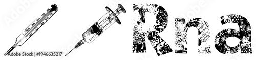 Medical syringes with measurement scales, RNA text in textured halftone, scientific illustration, lab equipment, biological vector art.