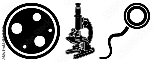 Scientific microscope with stage and eyepiece, magnifying lens, bacterial cell diagram, black vector, biology research tools, scientific illustration.